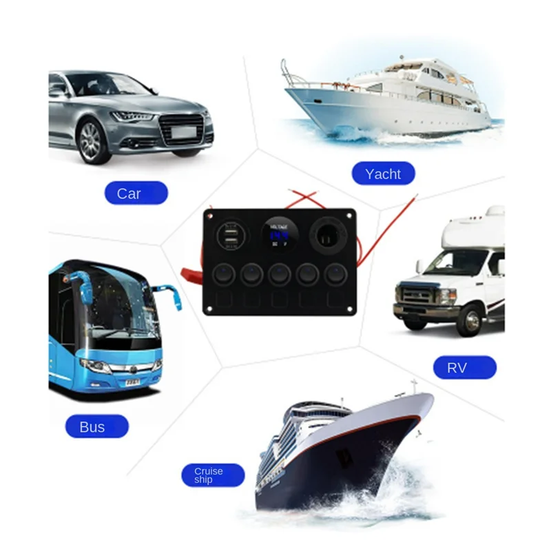 Car Boat 5 Gang Switch Panel for Boat Yacht Caravan-Truck Waterproof Voltmeter Power Dual USB Socket Panel 12V 5+3Panels