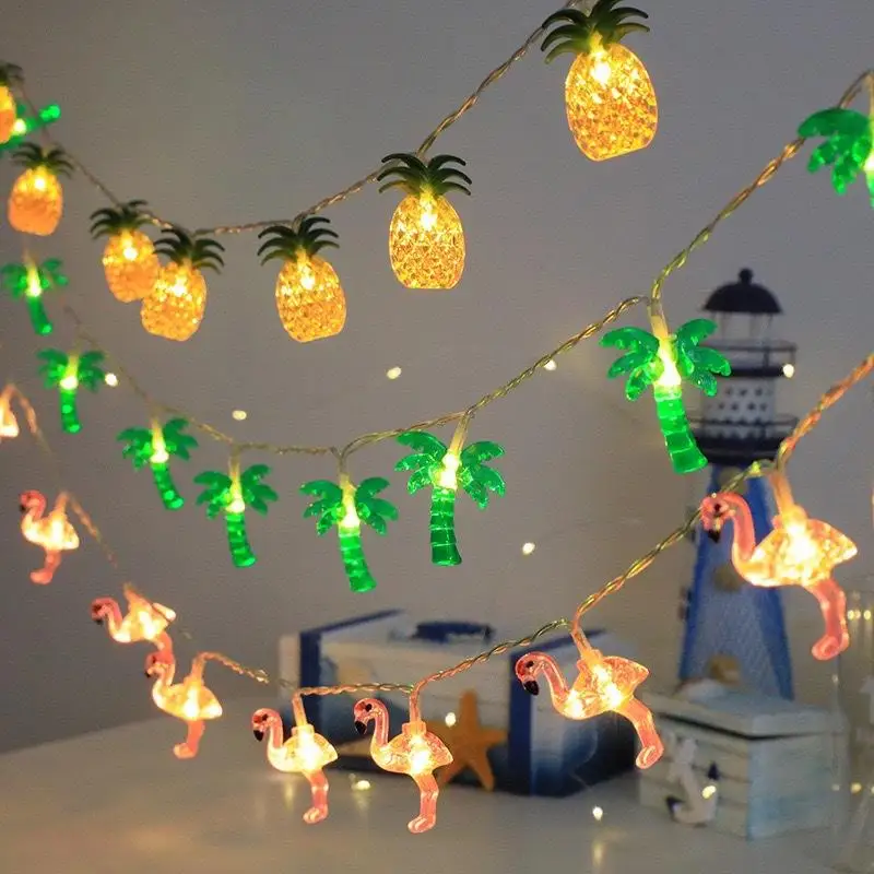 【W】سلسلة ضوء هاواي الصيفية الأناناس فلامنغو شجرة جوز الهند أوتار خفيفة الفاكهة الاستوائية الخفيفة للأطفال حفلة عيد ميلاد هاواي