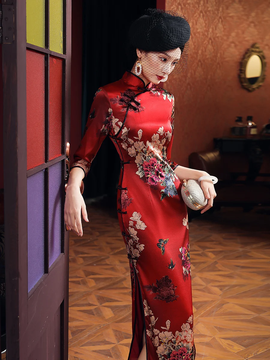 Qipao Evening Dresses Silk Cheongsam Dress Black Printing Large Size Cheongsams HighEndTraditional Qipao Chinese Dress