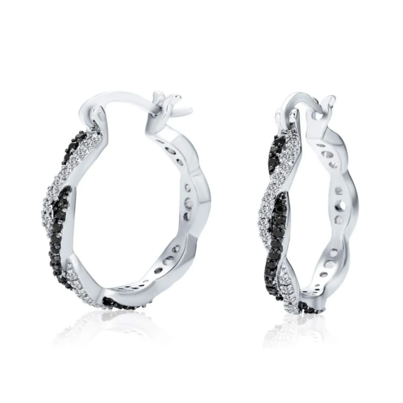 Black Awn Classic Silver Color Round Black Trendy Spinel Engagement Hoop Earrings for Women Jewelry Bijoux I302