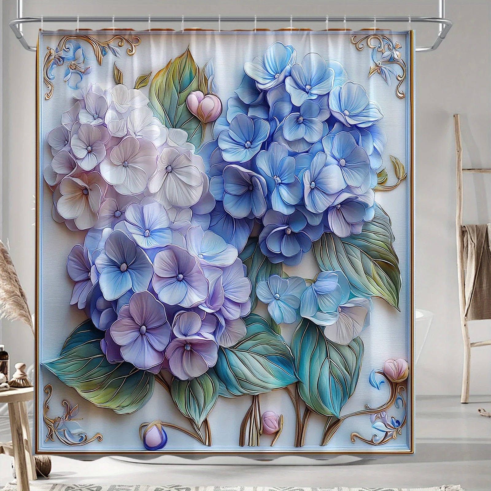 ~O~Elegant Hydrangea Shower Curtain - Golden Frame, Lush Green Leaves, Soft Pastel Blue & Purple,  Machine Washable, Bath Decor