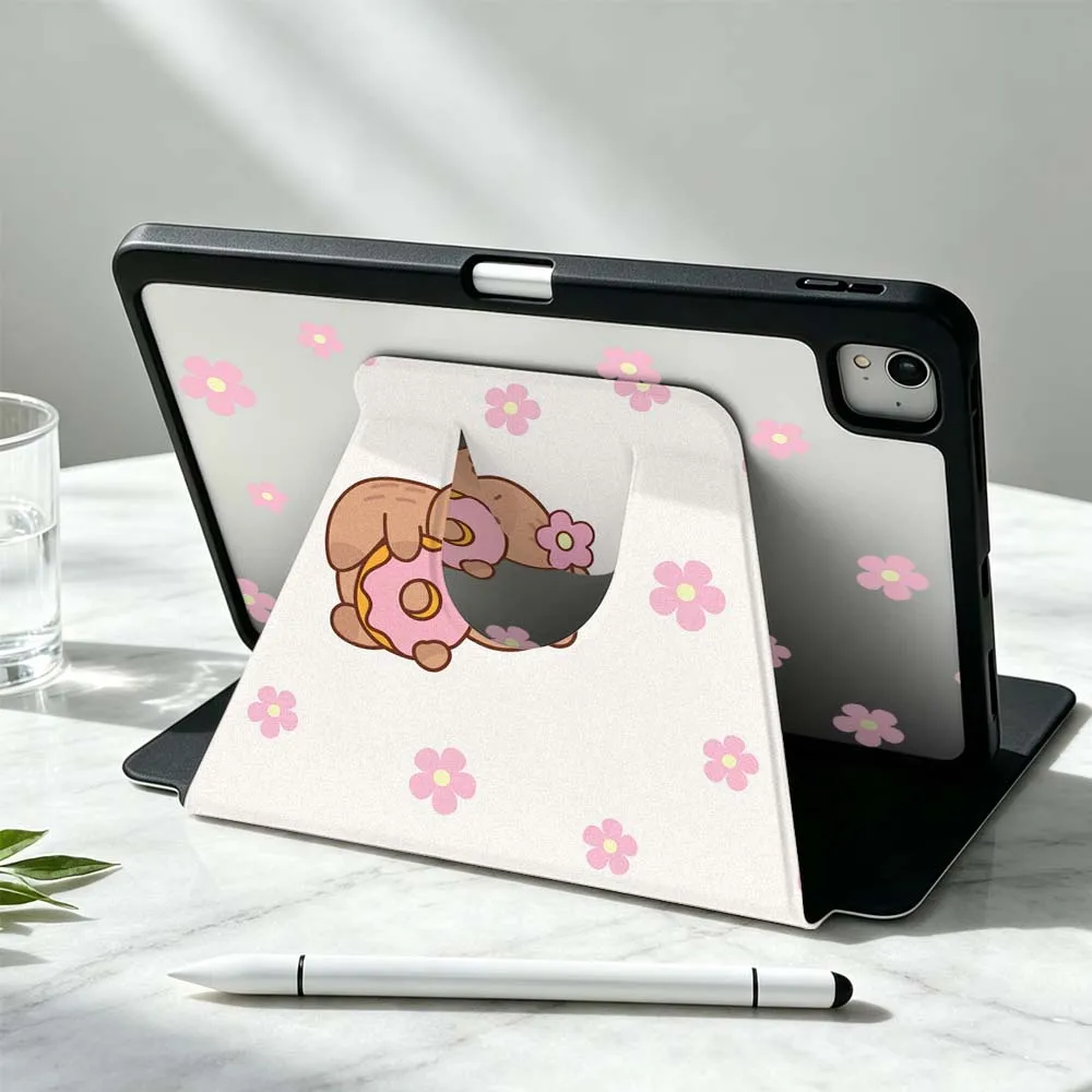 Cute Capybara Flower Pattern For iPad Pro Air mini 6 5 4 12th M5 M4 M3 M2 A16 A17Pro 360° Rotation Stylus Storage Tablet Case