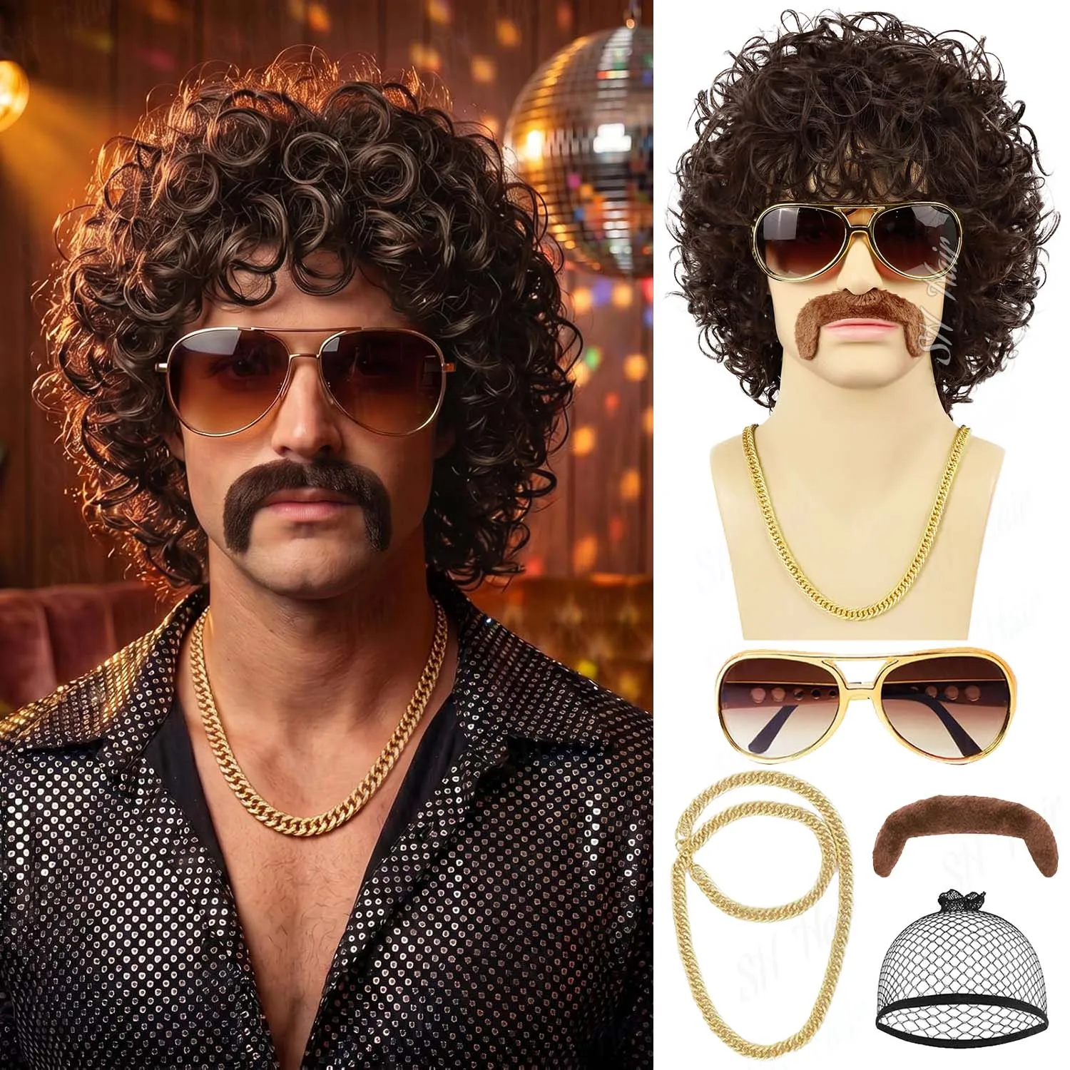 Synthetic Brown|Black Afro Curly Wig+Glasses+Necklace+Mustache 70s 80s Disco Wig for Costume Cosplay Halloween Party Daily Use