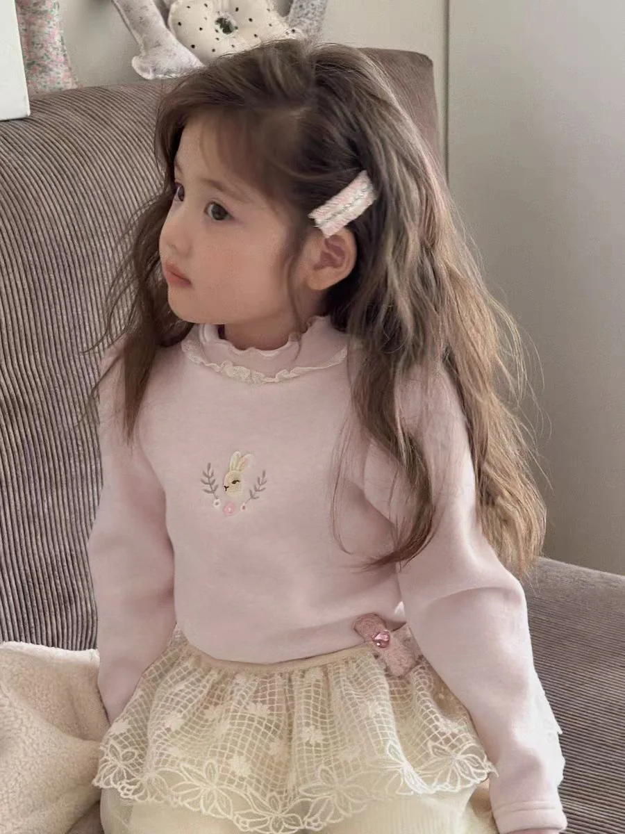 Herbst-Winter-Baby-Spitzen-Fleece-Unterhemd, Mädchen-Oberteil mit Stickerei, warm, langärmelig, weich, dehnbar, Freizeit-Sportbekleidung für Kinder – Detail 7