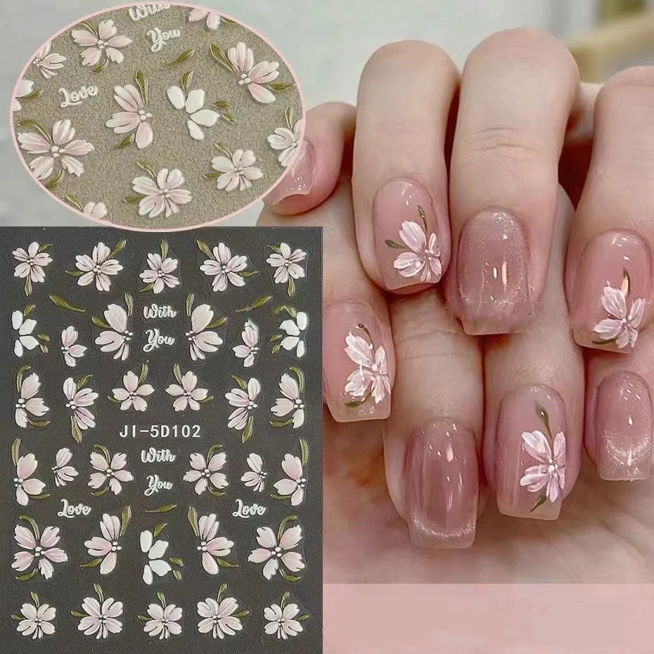 Camelia 5d pegatina para uñas en relieve, pequeña flor de hielo fresca, dibujada a mano, pegatina decorativa de flores para uñas