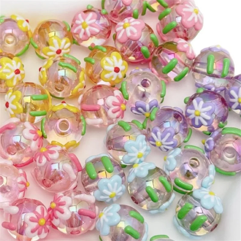 New style 50pcs/lot color drop oil flowers pattern geometry rounds shape 16mm straight hole beads diy jewelry garment accessory