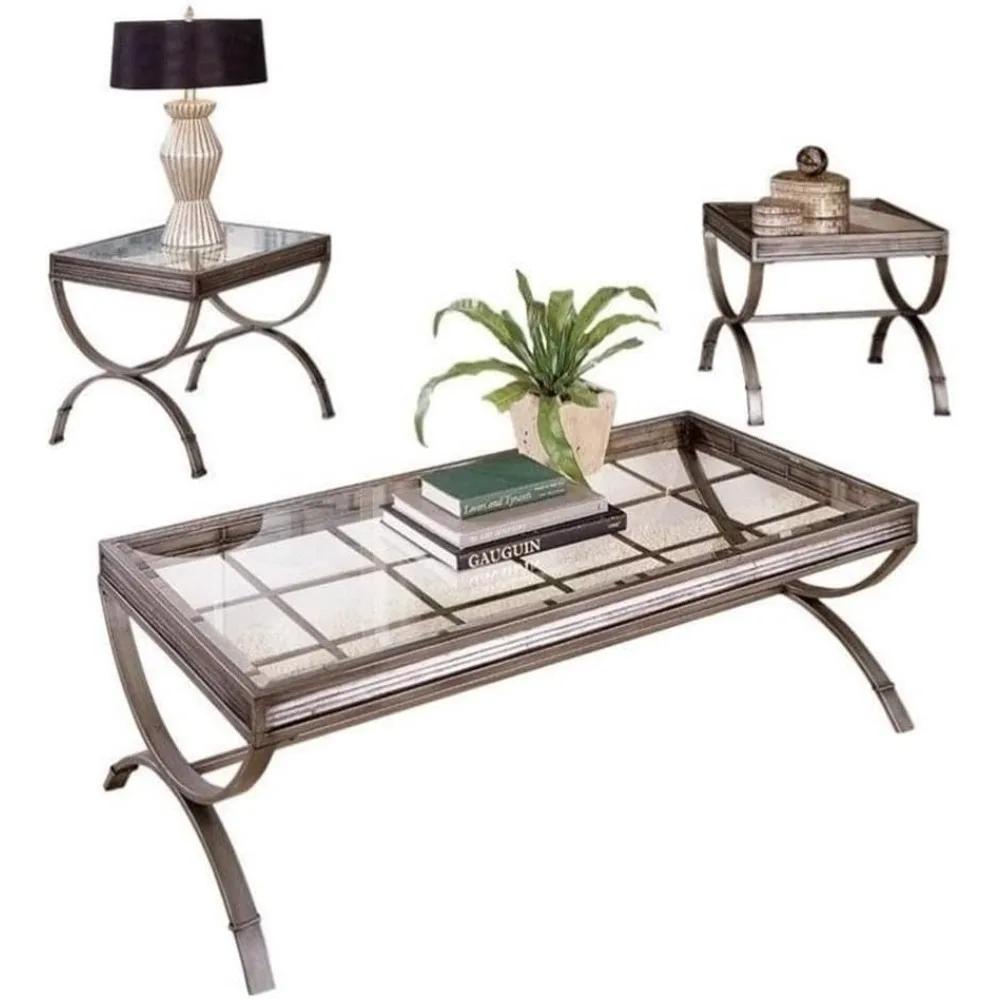 

Металлический и стеклянный набор из трех предметов для кофе и торцевого стола серебристого цвета