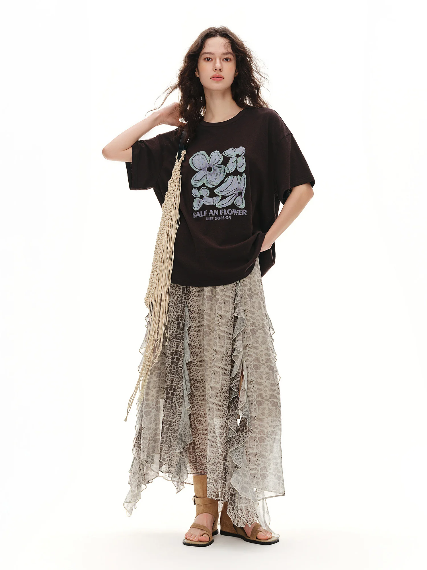 DUSHU Women's 2026 Summer New Dystopia Style Leopard Print Midi Skirt Multi-Layer Ruffled Hem Skirt Multiple Sizes Available