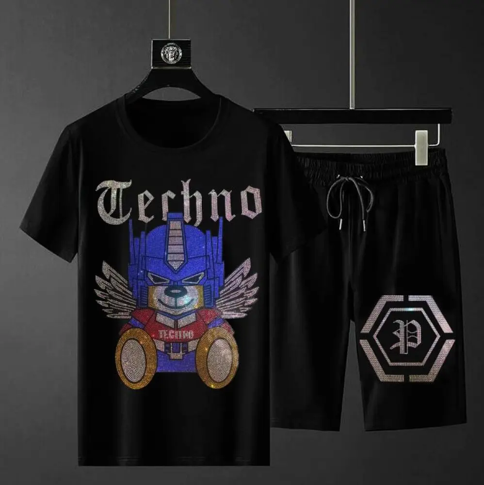 

2025 новый мужской костюм T' с коротким рукавом, повседневный тонкий костюм со стразами 20250622