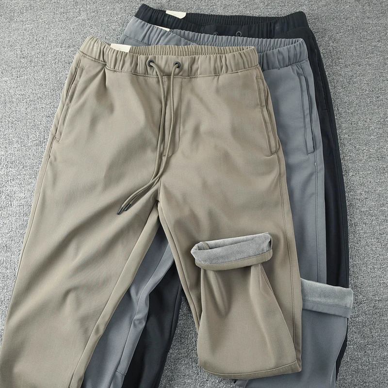 

Осенне-зимние утепленные повседневные брюки на флисовой подкладке для мужчин, с эластичным поясом на шнурке, мягкие, гладкие, прямые, длинные брюки