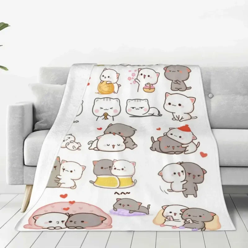 Cute Peach And Goma Blanket Cartoon Mochi Cat Flannel Throw Blankets Summer Air Conditioning Personalised Soft Warm Bedspreads