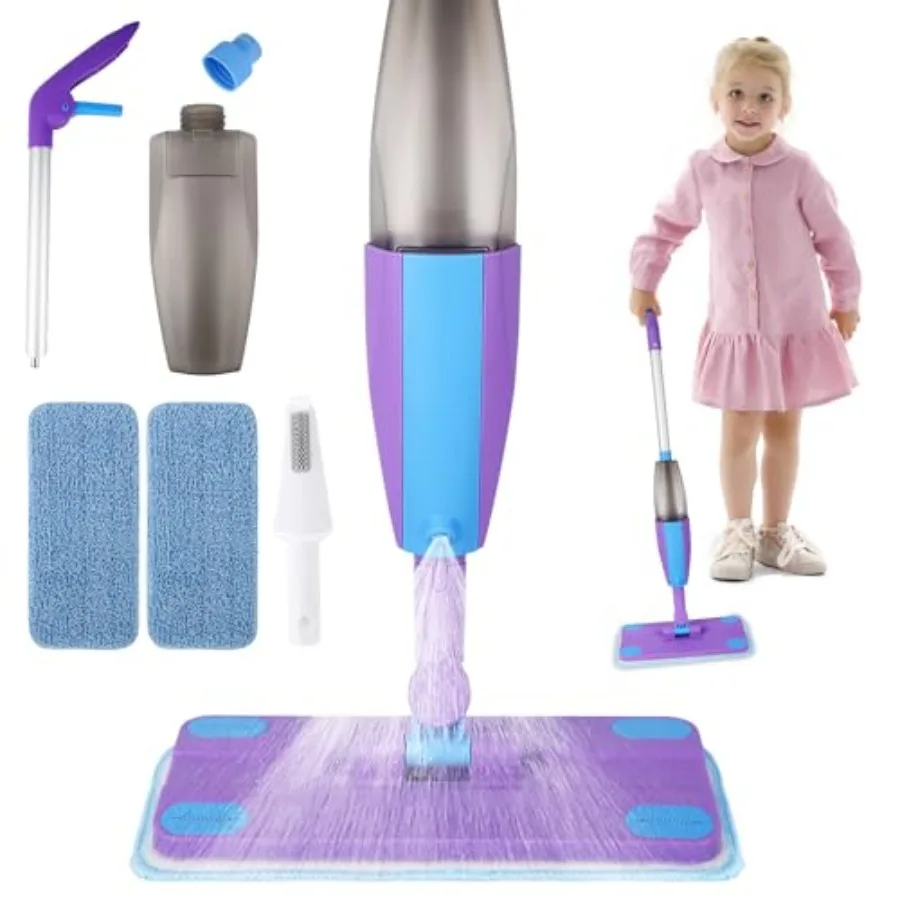 

Spray Mop Real Working Toddler Cleaning Set with Water Sprayer and 2 Washable Mop Pads and Scraper Pretend Play Montessori Hous