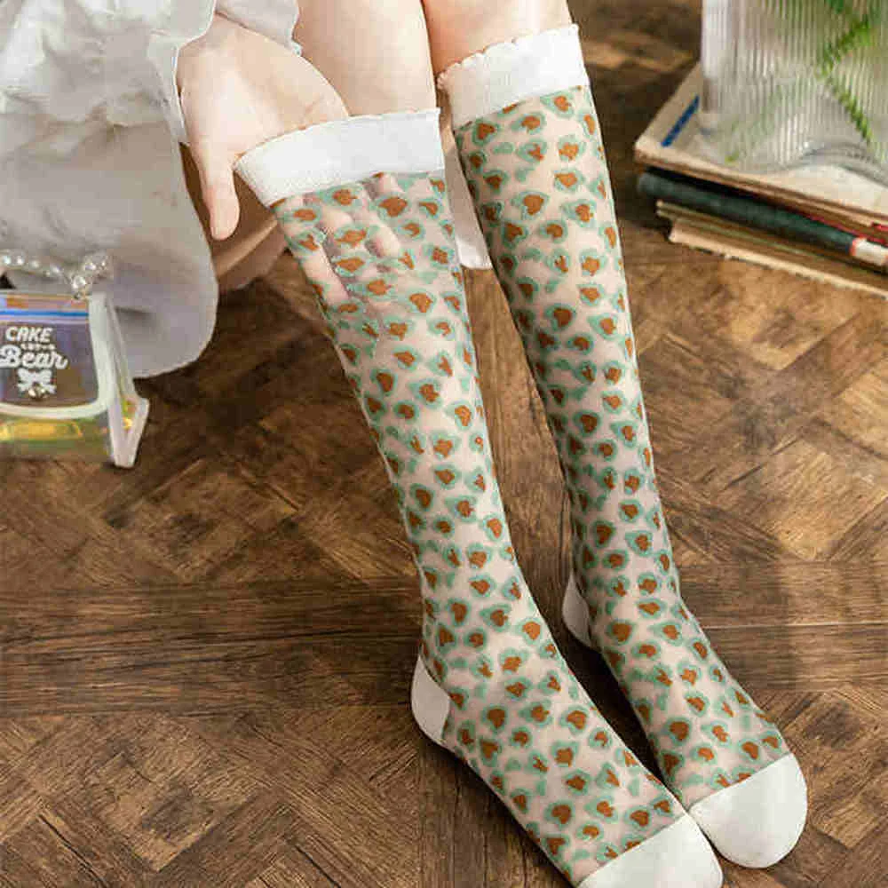 Summer Thin Women Stockings Ultra-thin Transparent Crystal Silk Long Socks Sweet Girls Cartoon Cute Fishnet Stockings Knee Socks