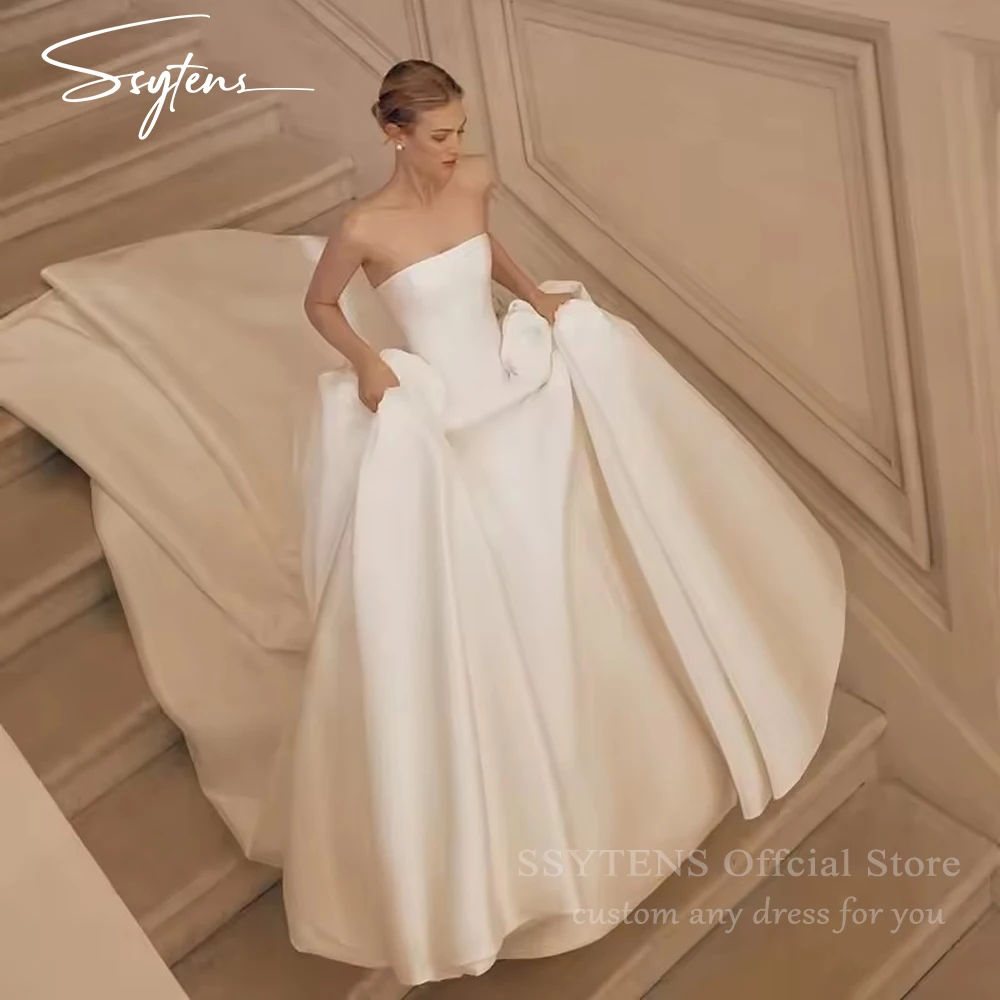 

SSYTENS White A-Line Wedding Dresses Strapless Sleeveless bodas Occasion Bridal Dress Princess Wedding Ball Prom Gown Customized