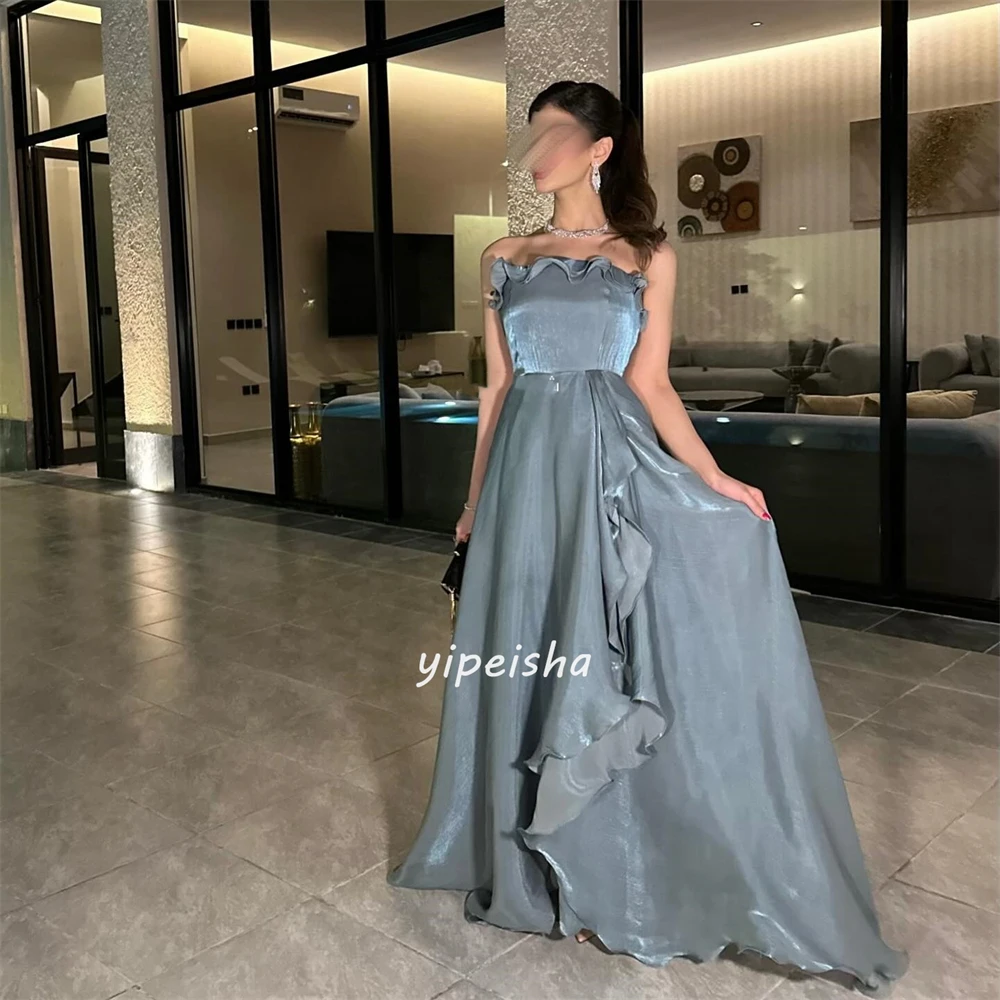 Customized Sparkle Satin Pleat Ruched A-line Strapless Long Dresses Evening Dresses Matching Intricate Chinese Style High Qualit