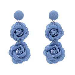 New Trending Blue Denim Rose Flower Pendant Earrings European American Retro Fabric Artistic Long Flower Earrings Female Jewelry