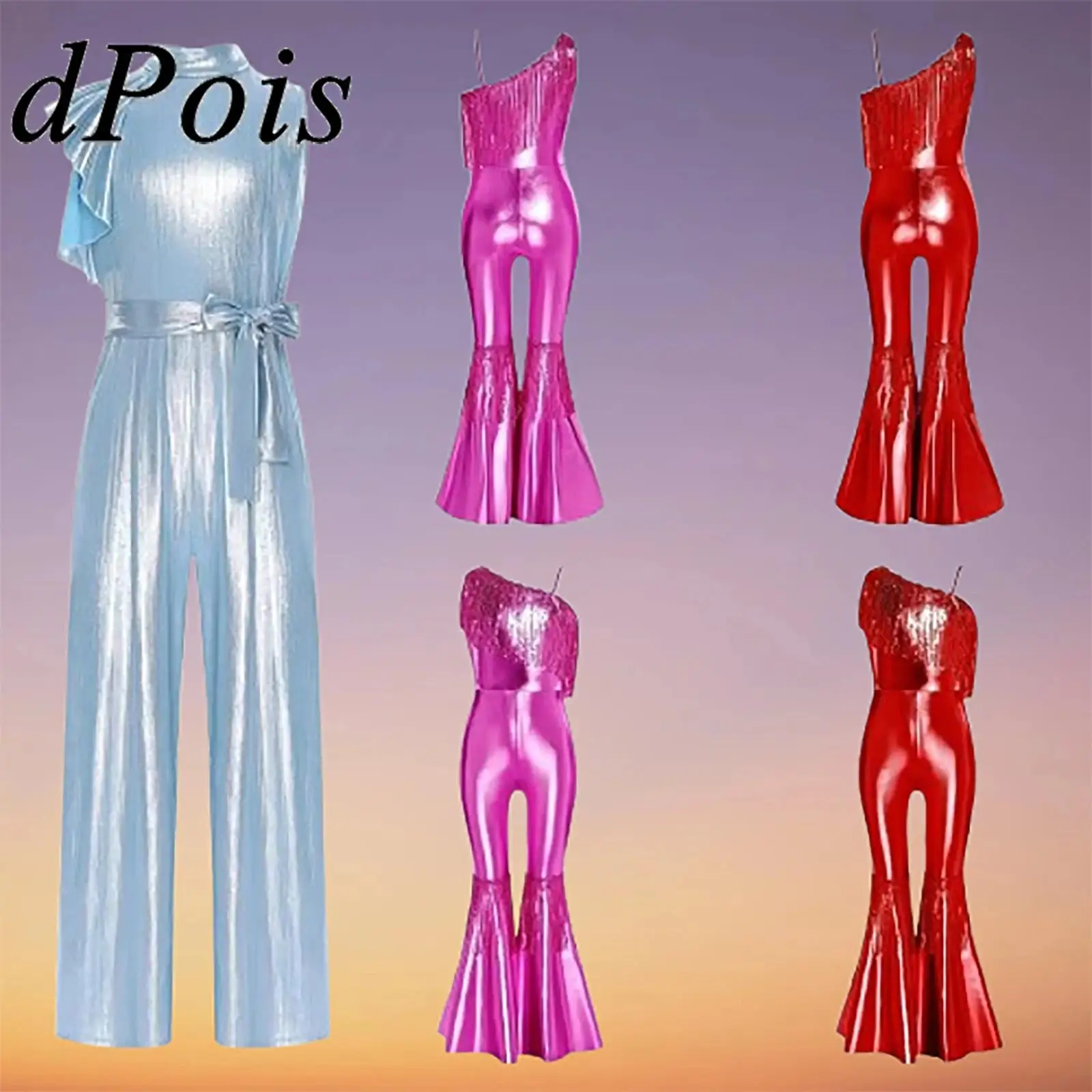 

Girls Sparkly Flares Disco Jumpsuit Streetwear Kid Shiny Sequin Tassels Flared Jumpsuit Child Long Romper Birthday Party Costume