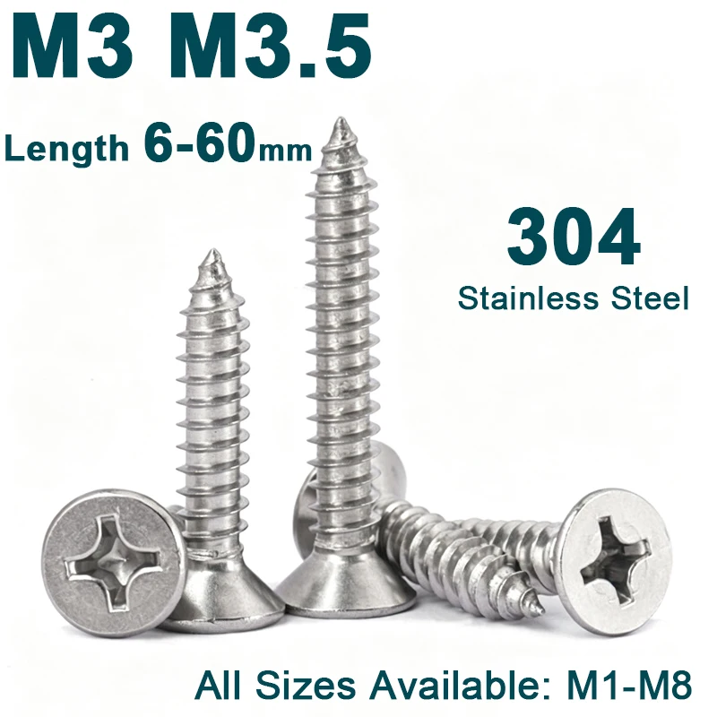 20‑200Pcs DIN7050 A2 304 Stainless Steel Cross Phillips Countersunk Flat Head Self‑Tapping Screws for Wood Wall M3‑M3.5 L=6‑60mm