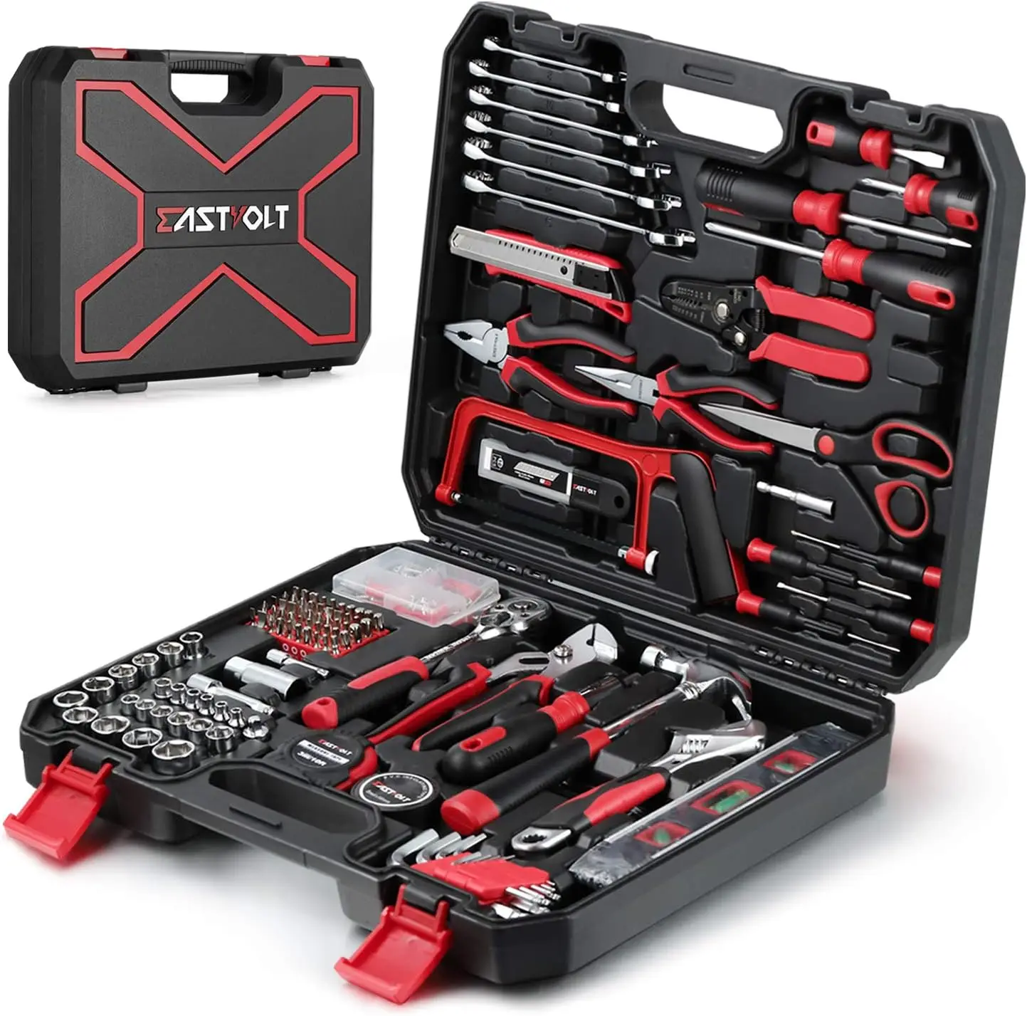 

218-Piece Household Tool Kit with Auto Repair Tools, Screwdriver Set, Socket Kit and Storage Case in Black and Red