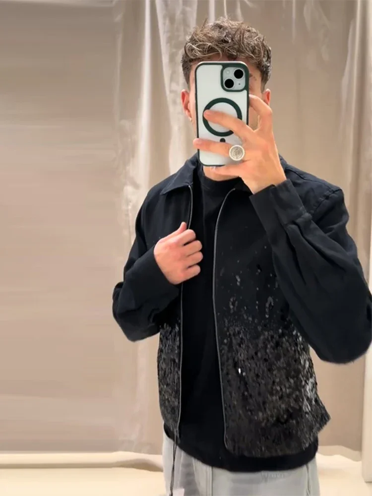 Paillettenbesetzte schwarze Damenjacke mit Reißverschlüssen, einfarbig, mit Umlegekragen, für Damen und Herren, Frühjahr/Herbst 2026, mit Taschen, Oberbekleidung.
