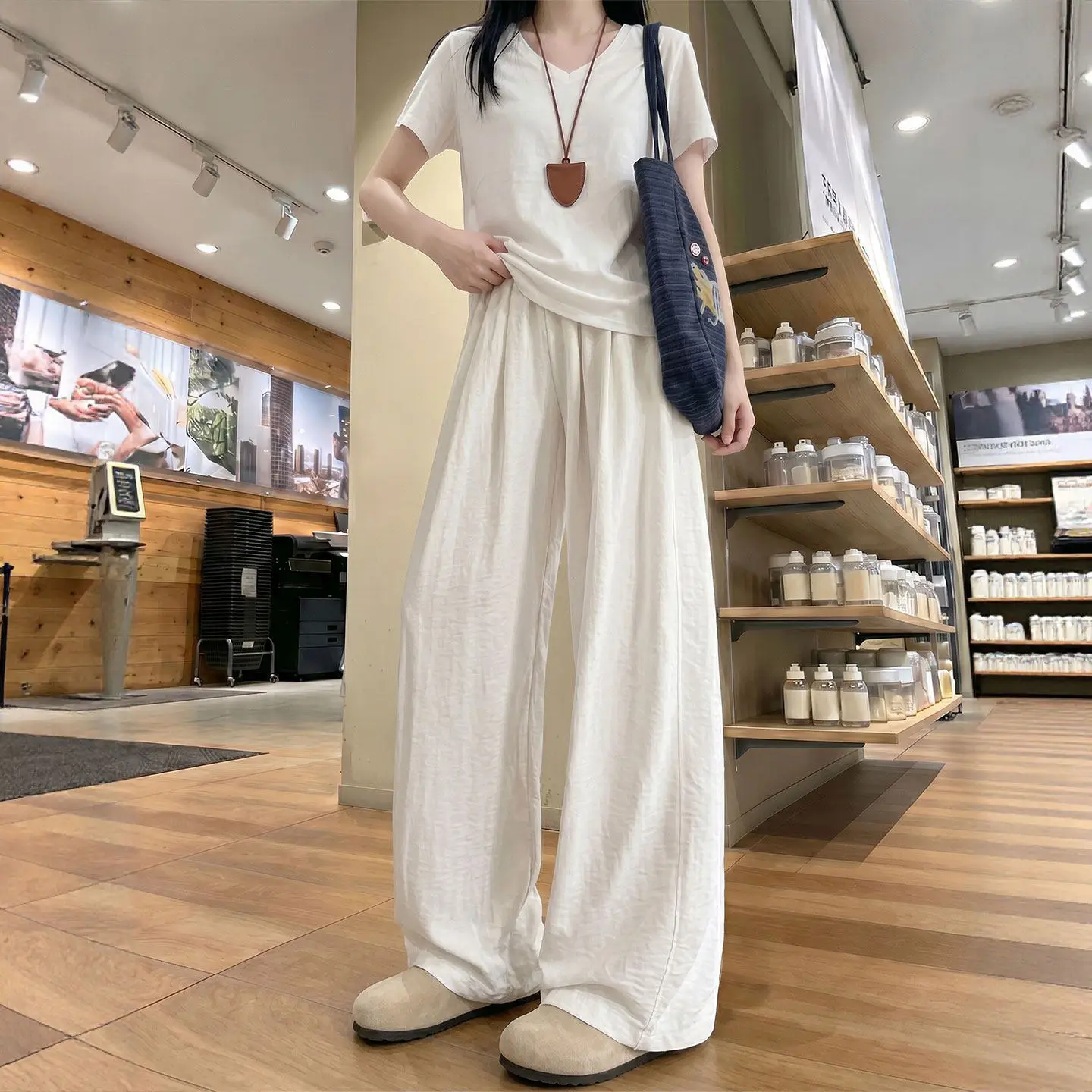 White Loose Summer Thin Mountainamoto Pants Women's Casual Straight Leg Pants Wide Leg Pants Comfortable Loose Fit Trousers