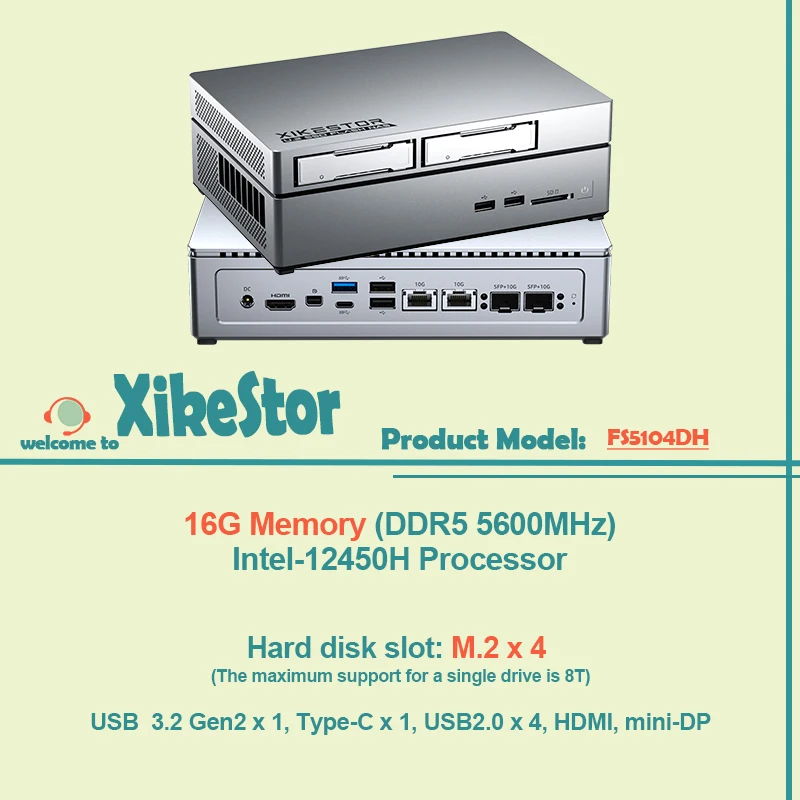 

XikeStor 10G NAS-сервер для частного облачного хранилища, 16 ГБ памяти (DDR5 5600 МГц), 4 слота M.2, процессор Intel-12450H, комплексное решение с 10G RJ45 и SFP+