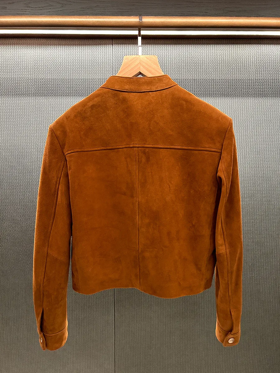 レトロブラウンシープスキンスエードスタンドカラーバイカージャケット女性用 - ショートスタイル