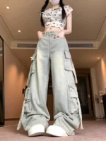 Women's Blue Multi Pocket Cowboy Pants Cargo Y2K Japanese Harajuku Streetwear Aesthetics Retro 90S Jeans Pants Clothing 2025 New 5