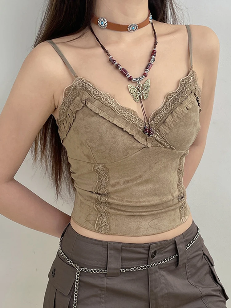 Camisola de encaje con cuello en V para mujer, camiseta Retro Sexy, sin mangas, estética Y2K, caqui, Chaleco Ajustado, 2000s