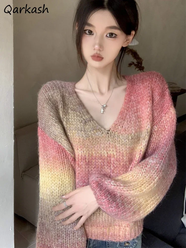 Baggy Degrade Kazaklar Kadın Rahat Y2k Ulzzang Kırpılmış Kış Yumuşak V Yaka Harajuku Streetweet Nazik Kazak Kore Moda