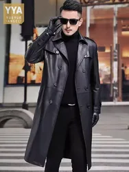 Business Men Double Breasted Long Sheepskin Genuine Leather Jacket Slim Fit Work Trench Coat Luxury Natural Leather Jackets 5XL