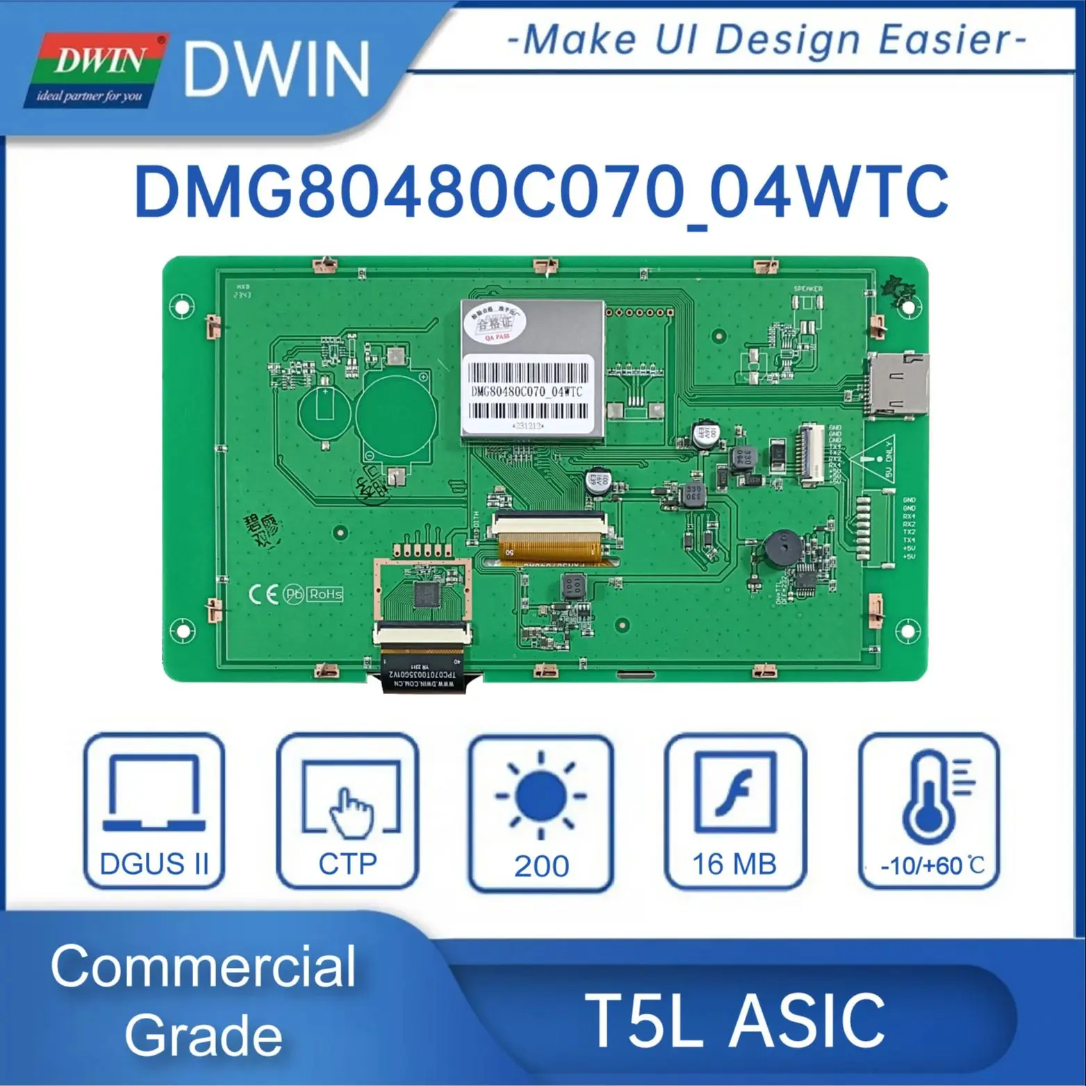 DWIN 7 Inch LCD Module 800*480 RS232/TTL HMI Commercial Touch Panel Screen Smart UART TFT Display DMG80480C070-04W