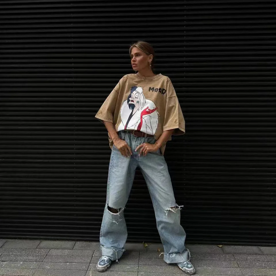 Women‘s Comics Print Short Sleeve T-Shirt, Casual Tops, Loose Style 2025, Long Tees Woman Summer