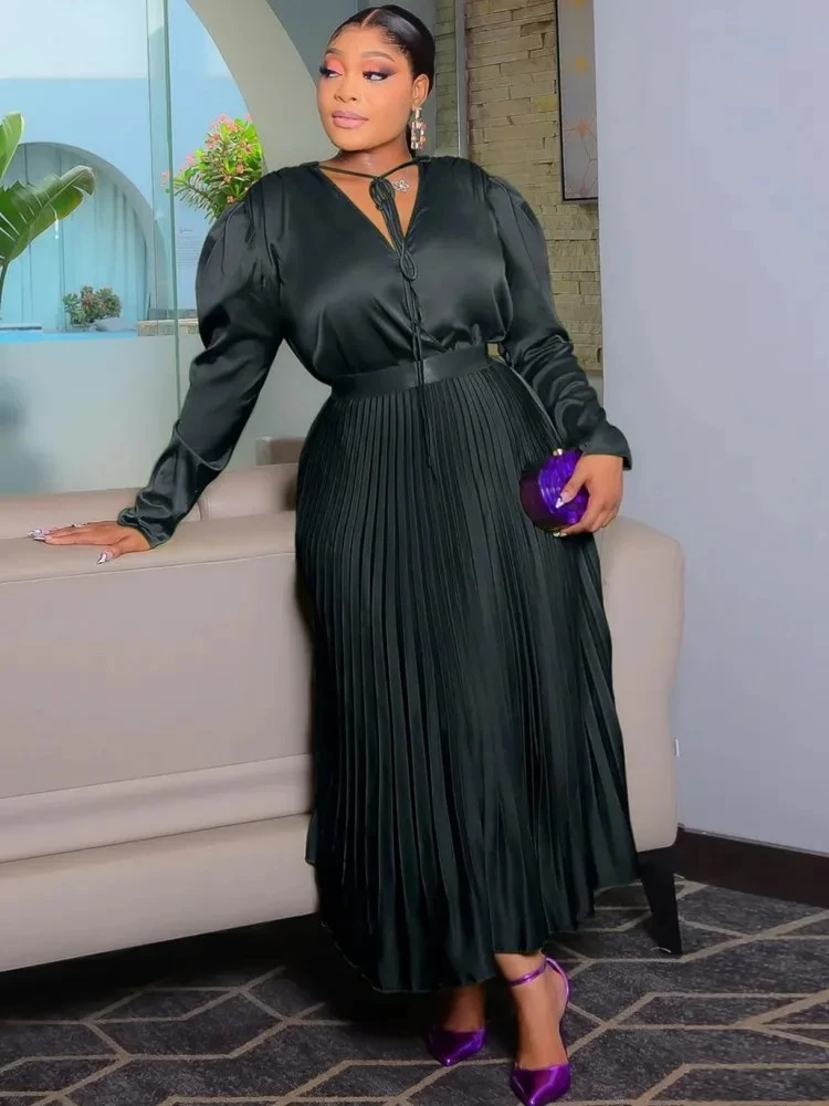 

Plus Size Women's Dress Set Long Sleeve V-neck Blouse and Pleated Maxi Long Skirts Suit Birthday Two 2 Piece Set Outfits 2025