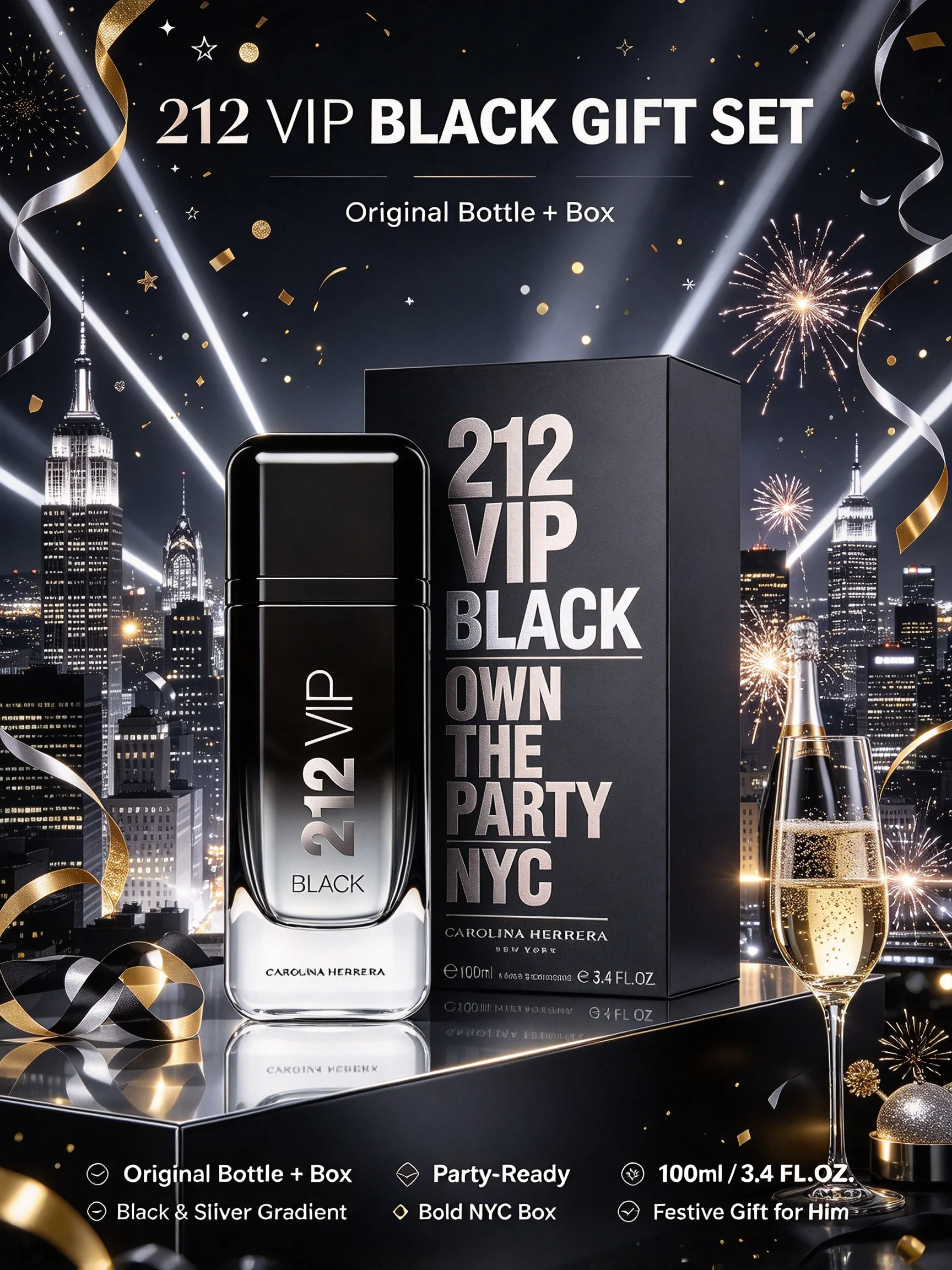 Carolina Herrera 212 VIP Black Men's EDP Cologne, 3.4 fl oz/100ml, 1 Bottle, Absinthe Lavender Vanilla Musk Aromatic Long Lasting Perfume, Birthday Anniversary Gift for Him, Fall Halloween Thanksgiving Black Friday Christmas New Year Holiday Gift