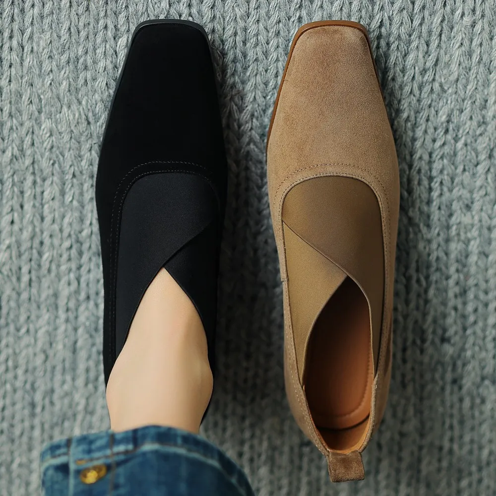 Women's natural suede leather elastic band cross strap slip-on 4cm thick low heel pumps square toe casual daily shoes larger 41