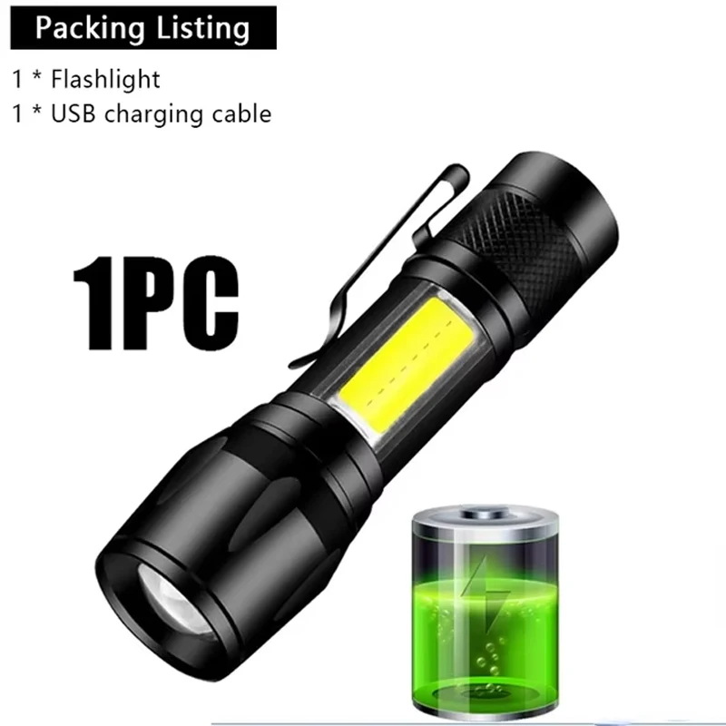 USB Oplaadbare Mini Zaklamp COB + XPE Draagbare Ingebouwde Batterij Zoombare Kleine Zaklamp 3-Modus Camping Noodzaklampen