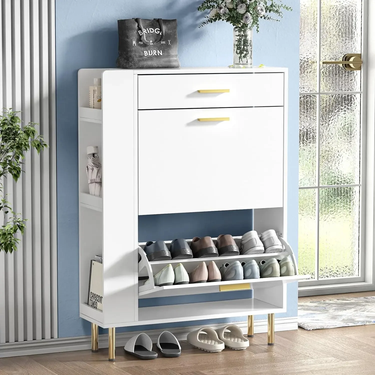 Anmytek White Shoe Cabinet with 2 Flip Drawers, Modern Freestanding Shoe Rack Storage Organizer Cabinet with Drawers