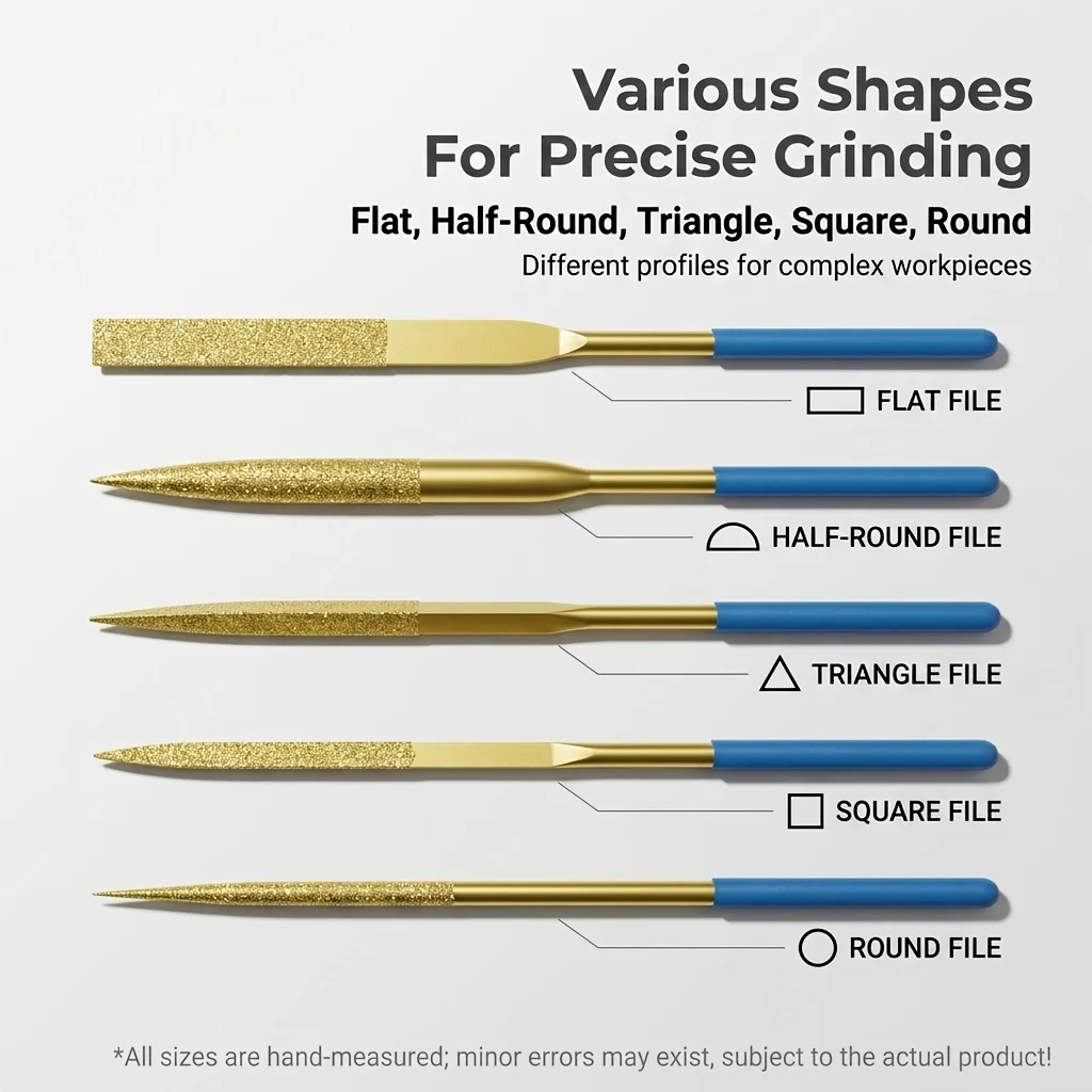 5Pcs Titanium Plated Diamond Needle File Set 5 Assorted Shapes with Comfort Non-Slip Blue Handles,Deburring&Polishing DIY Craft