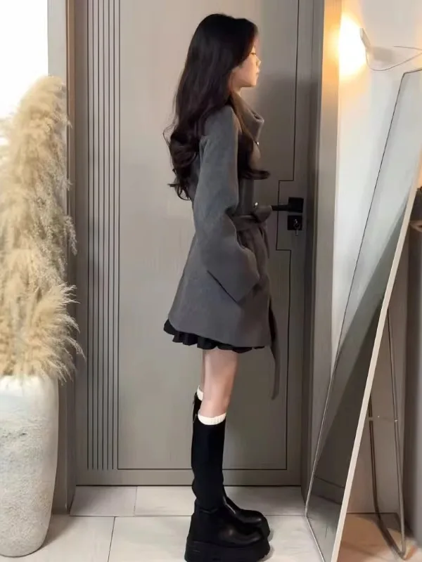 

Korean Sle Double-Faced Woolen Coat with Scarf Collar Waist-Cinching Gentle Wind Faionable Winter Outerwear