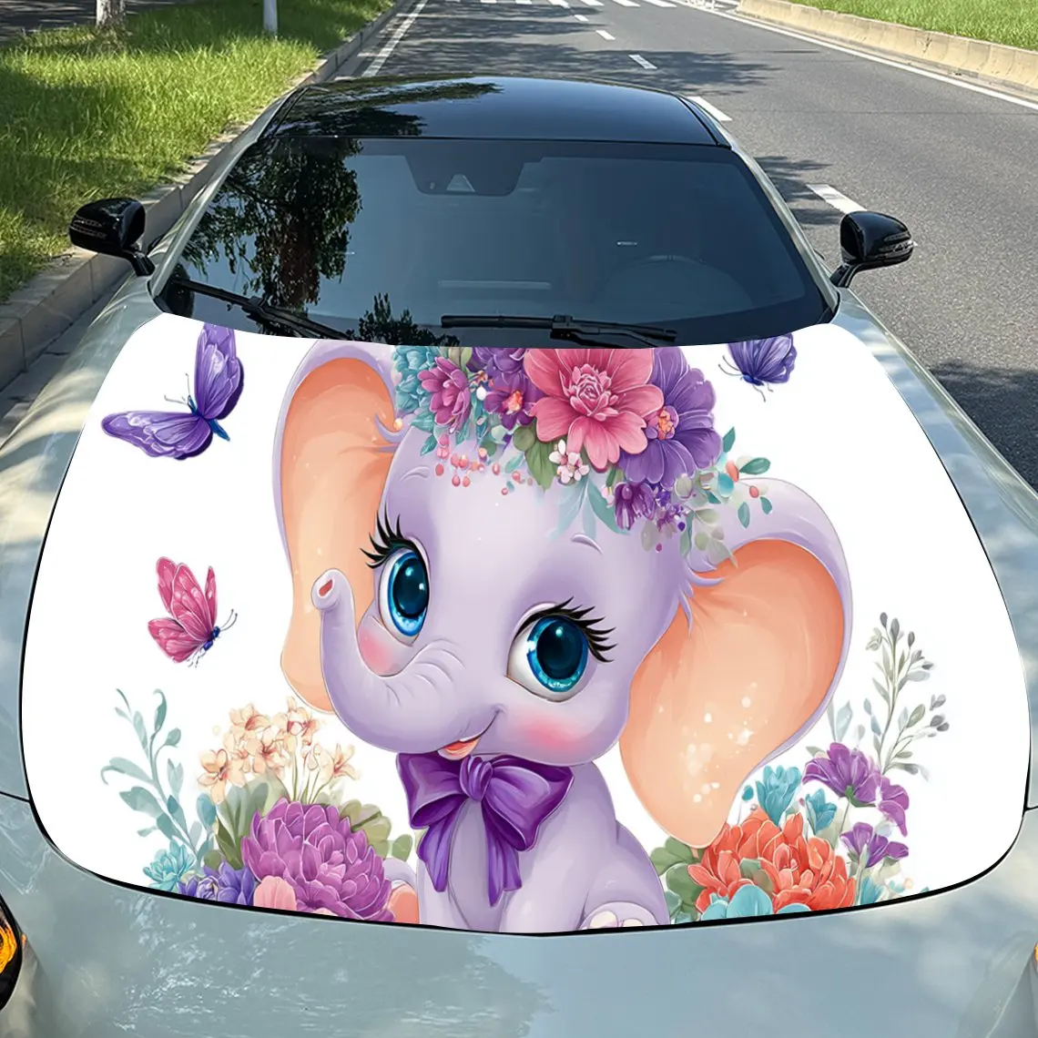 

Cute Cartoon Elephant with Flowers PVC Car Engine Hood Vinyl Wraps, Self-Adhesive Waterproof Car Hood Decal Sticker, Car Decorat