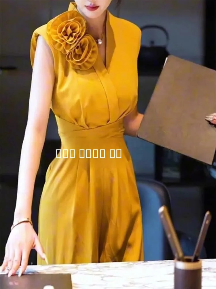 

Slimming Yellow V-Ne-Piece Pantsuit Women's Faion Design Summer New Arrival Comfortable Polyester Fiber Long Pants