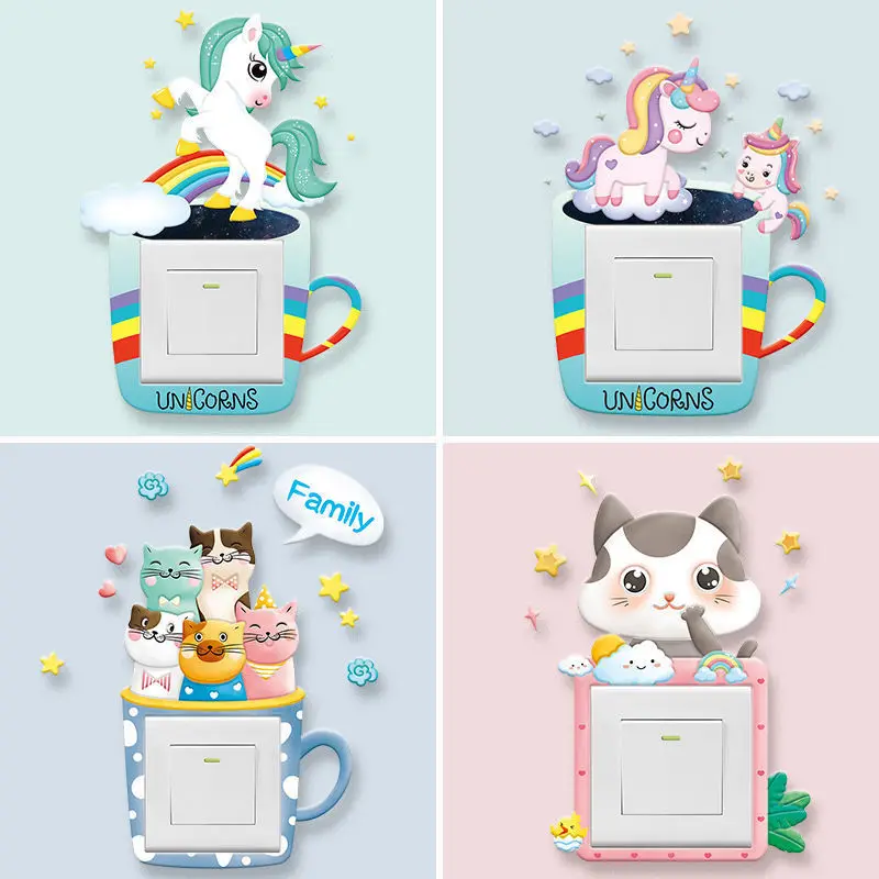 Cute Unicorn Switch Stickers Wall Stickers Socket Protective Cover Living Room Bedroom Household Light Switch Decoration 3D