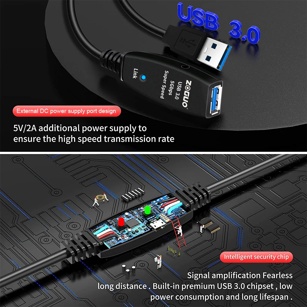 ZOGUO Active USB3.0 2.0 Extension Cable Extender Male to Female 5Gpbs fast speed for smart laptop PC TV Xbox One SSD 10m/15m/20m