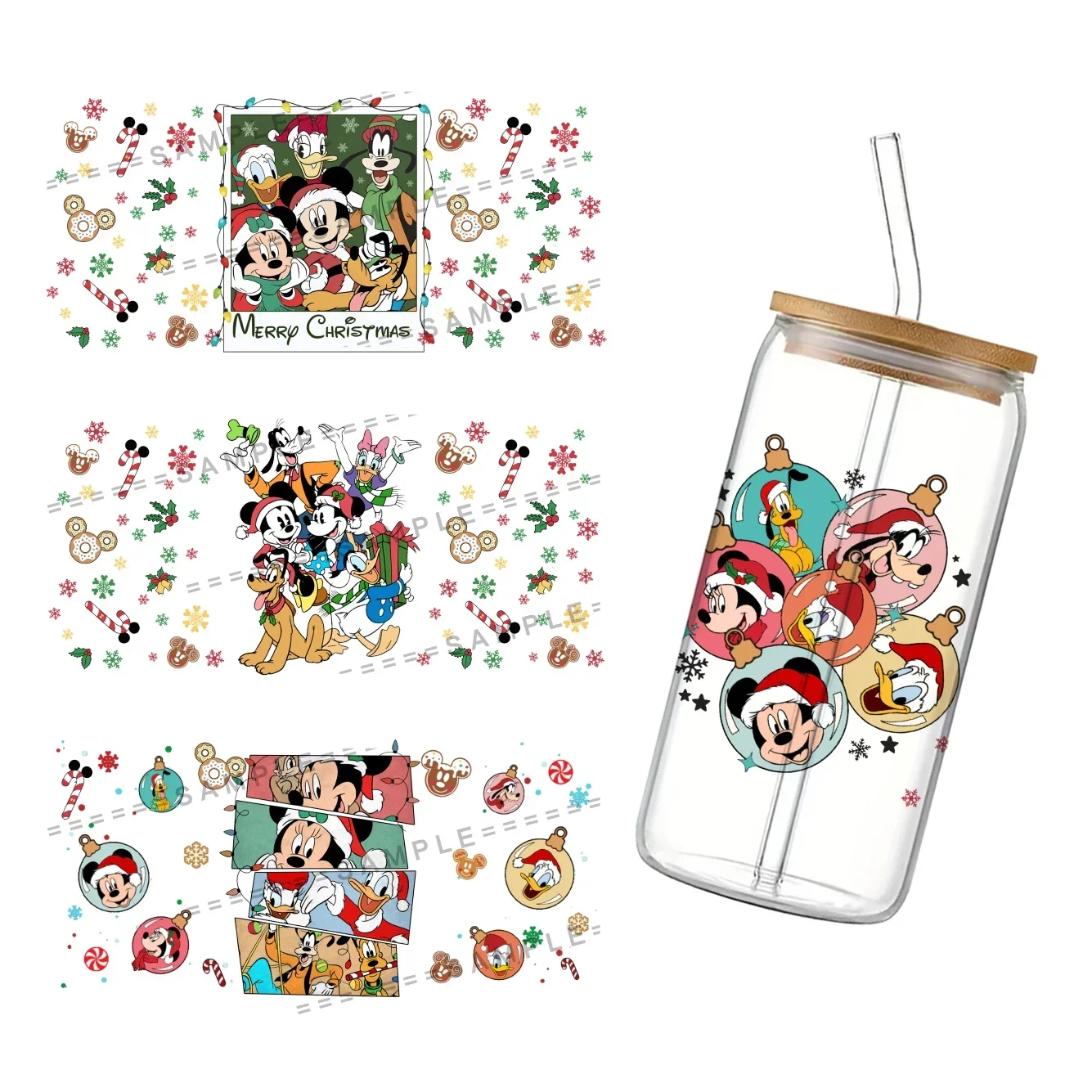 Disney-Cartoon Wrap Sticker for Cup Glass Can, Mickey Color Lamp Printed, UV DTF Printed, 11x24cm, 16oz