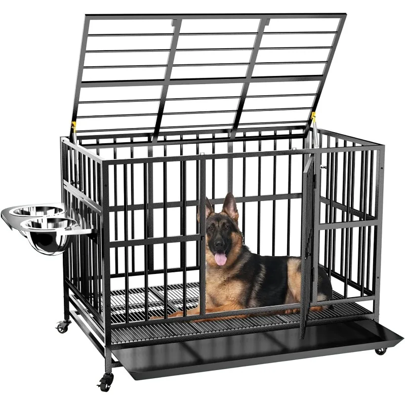 Heavy Duty Dog Crate with Wheels Unique Air Lift Rod Adjustable  Bowls Removable Dog Cage Tray Extra Large Dog Crate