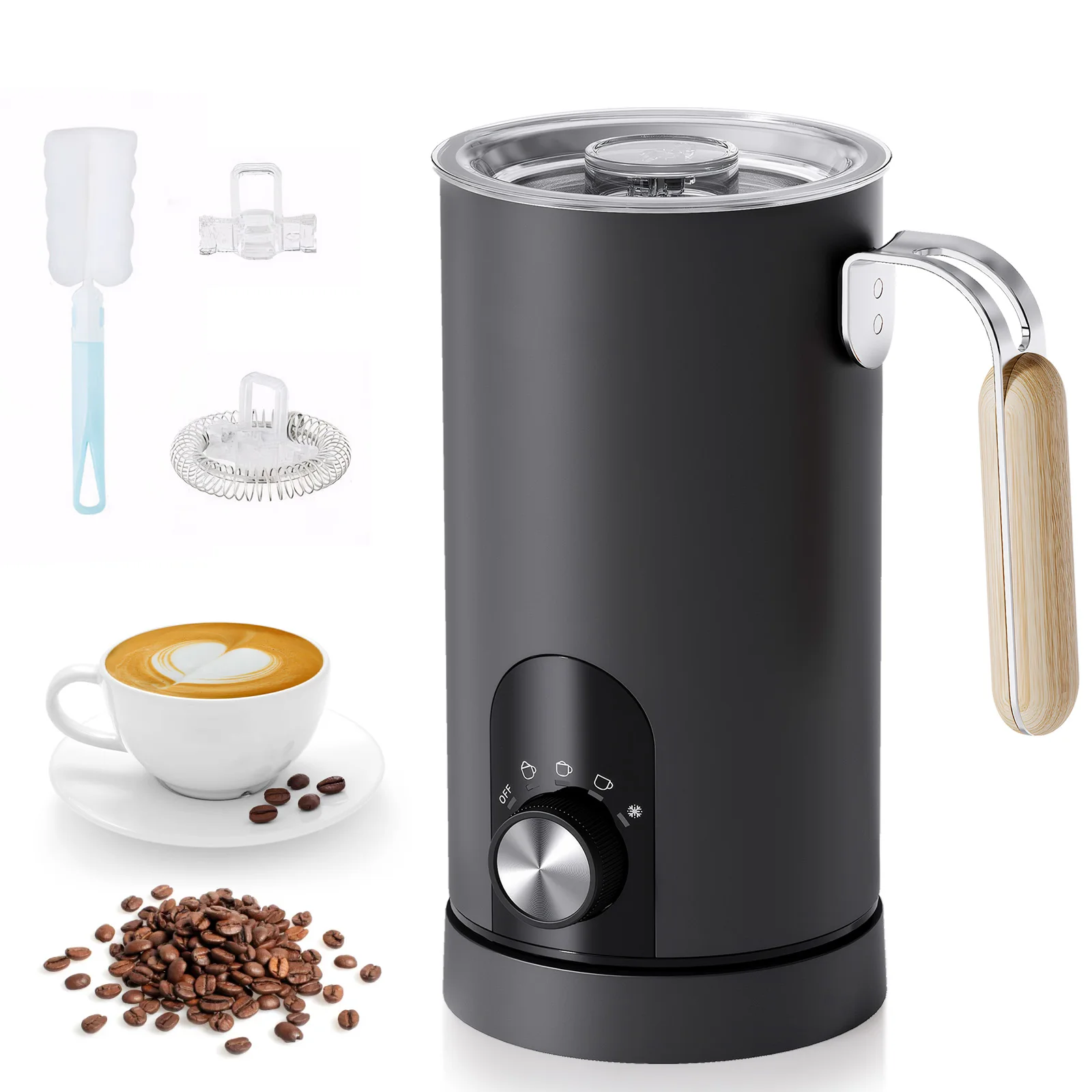 Montalatte elettrico 5 in 1 Schiuma rotativa automatica 590ml Vaporiera per latte silenziosa per schiuma di latte caldo freddo Cioccolata calda Caffè latte