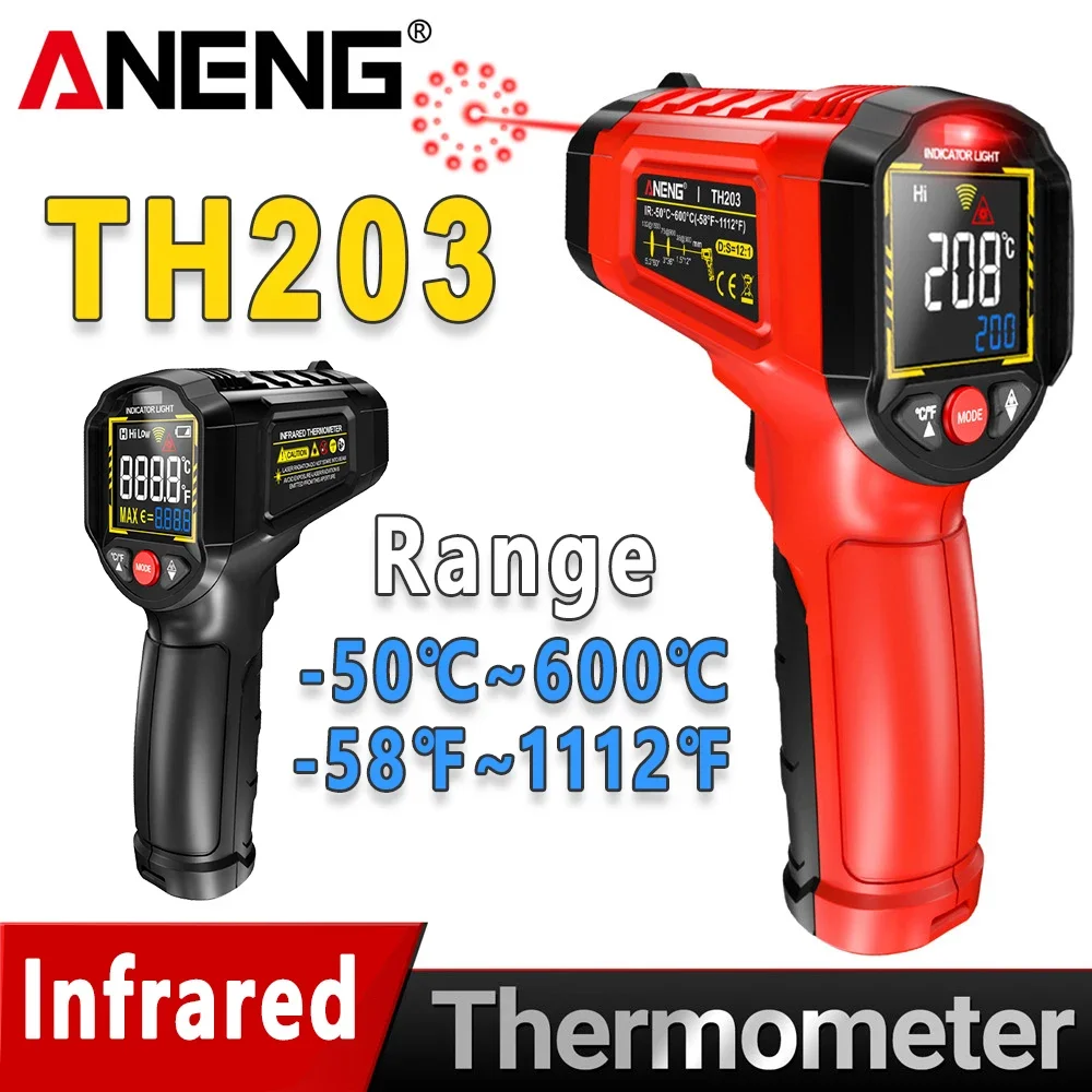 

Интеллектуальный промышленный инфракрасный термометр ANENG TH203 -50 ~ 600 ℃ Температурный пистолет с обратным цветным экраном, тестер VA, измеритель, пирометр, инструменты