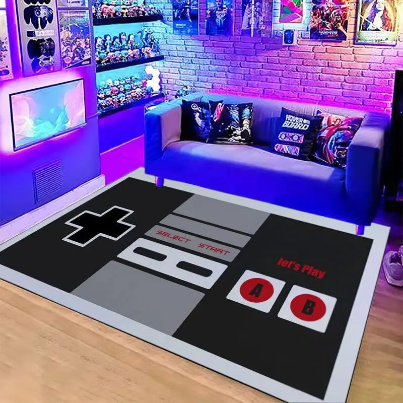 Vintage NES Controller Themed Rug, Anti-Slip Mat with "Let's Play" Quote for Gaming Room & Bedroom, Retro Tech Decorative Carpet