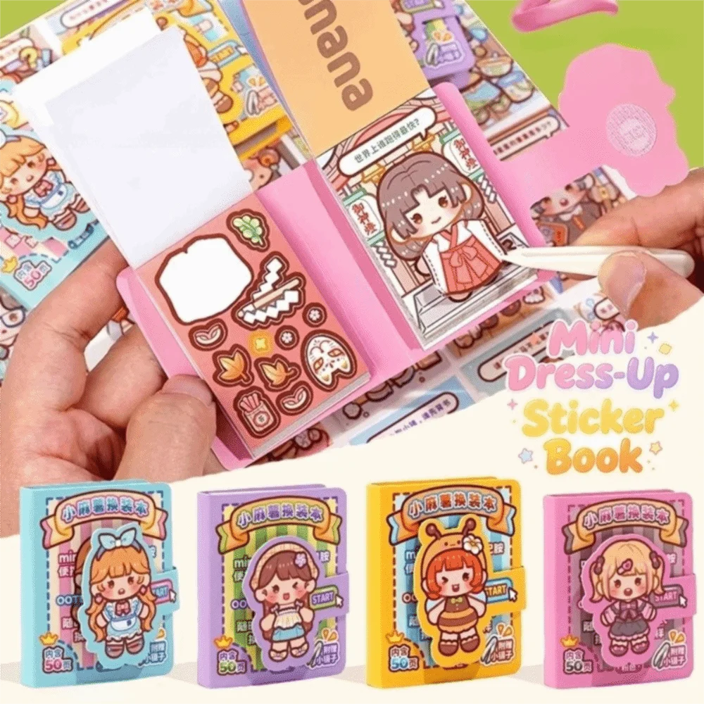 Self Adhesive Mini Dress-Up Sticker Book Pre-Cut Stickers Portable Cartoon Decorative Sticker Book Tweezer Included